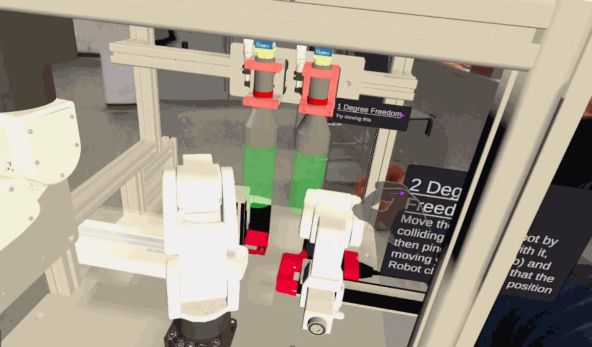 Mixed reality view with annotations describing one, two and three degree of freedom part motion.